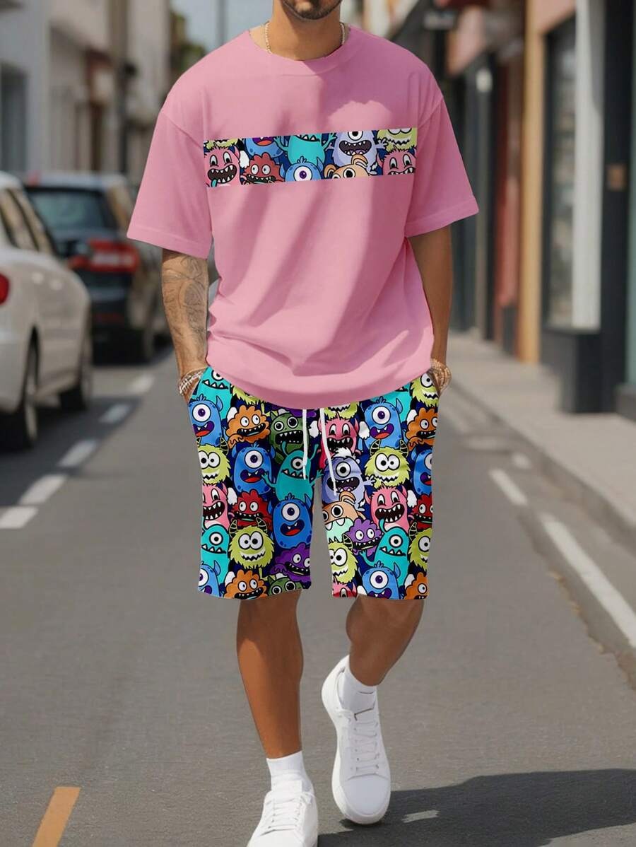 Diseño de personalidad patrón de letras de dibujos animados verano nuevo estilo calle ropa casual suelta traje de hip-hop americano ME13