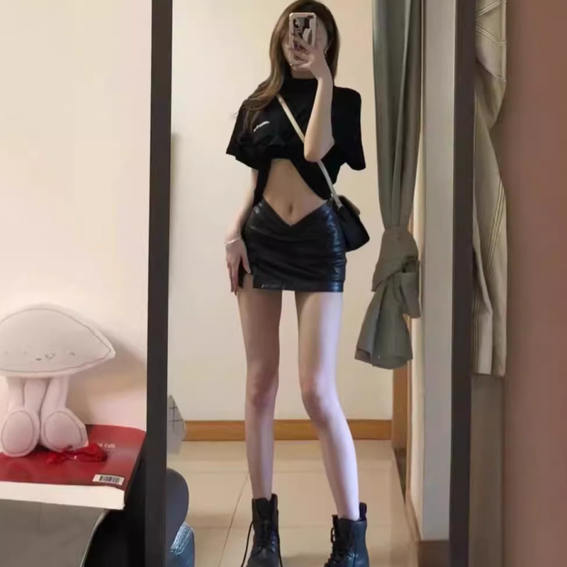 Black Hot Girl Low Waist Skirt Women's Autumn Split Short Pants Skirt pu Leather Skirt Sexy Hip Skirt Xs