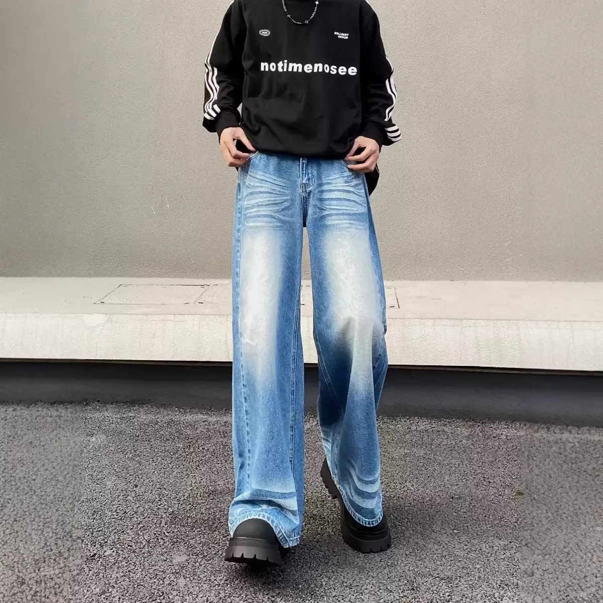 Vintage Washed Blue Wide Leg Jeans For Men & Women | Retro Loose Fit Straight Denim Pants | High Waist Comfort Styling_mkmklike.com