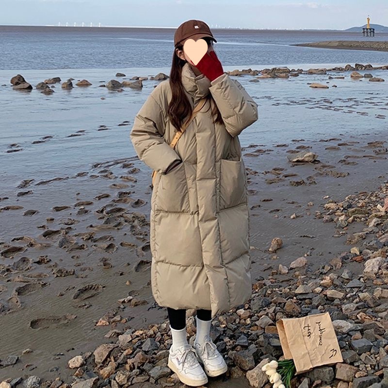 2025 new stand collar over knee mid-length cotton jacket for women Korean version warmth and thickened cotton jacket