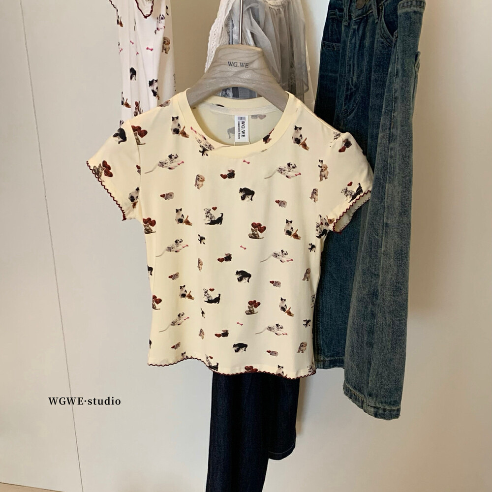 WGWE camiseta de manga corta con estampado de perros y gatos con cuello redondo, camiseta ajustada y elástica para niños, camiseta delgada, camiseta femenina W5536