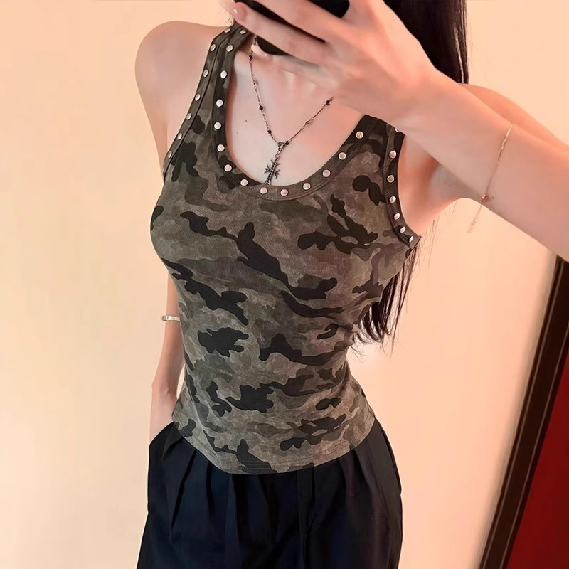 American-Style Sweet and Cool Spicy Girl Heavy-Duty Rivet Camouflage Camisole Women's Summer Outerwear Sleeveless U-Neck Work Top