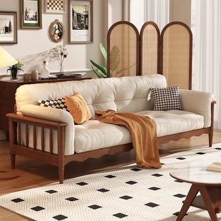 Medieval Style Small Apartment Solid Wood Soft Sofa Living Room Winter and Summer Three-Seat Japanese Style Cream Style Straight Sofa