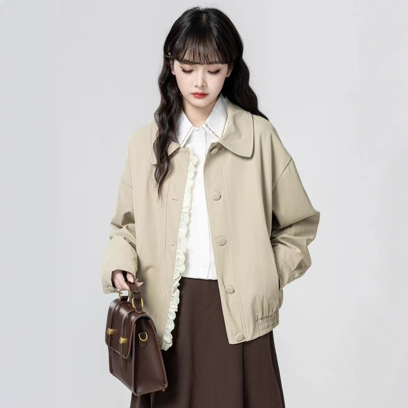 Khaki Korean Fashion Lace Splicing Short Jacket Autum 2025 New Small Loose Slim Women's Jacket