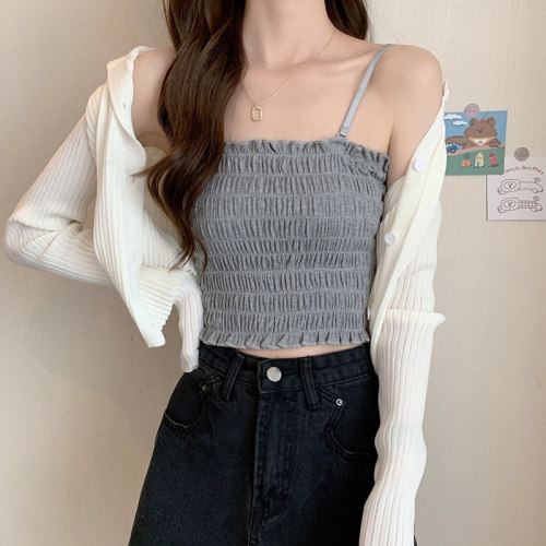 Beautiful back ice silk pleated suspender vest top with adjustable base and adjustable strap Korean version short style with chest pad wrapped underwear