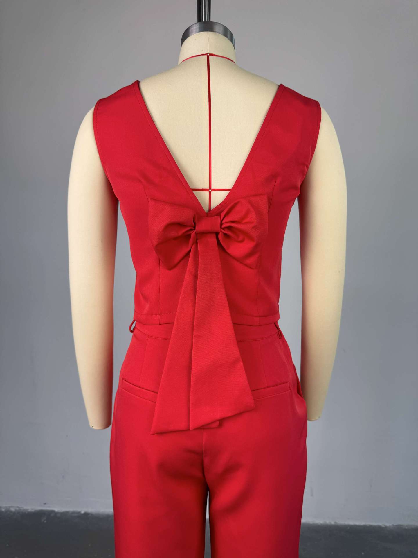 Women Clothing Spring Solid Color Backless Bow Top Wide Leg Trousers Casual Suit