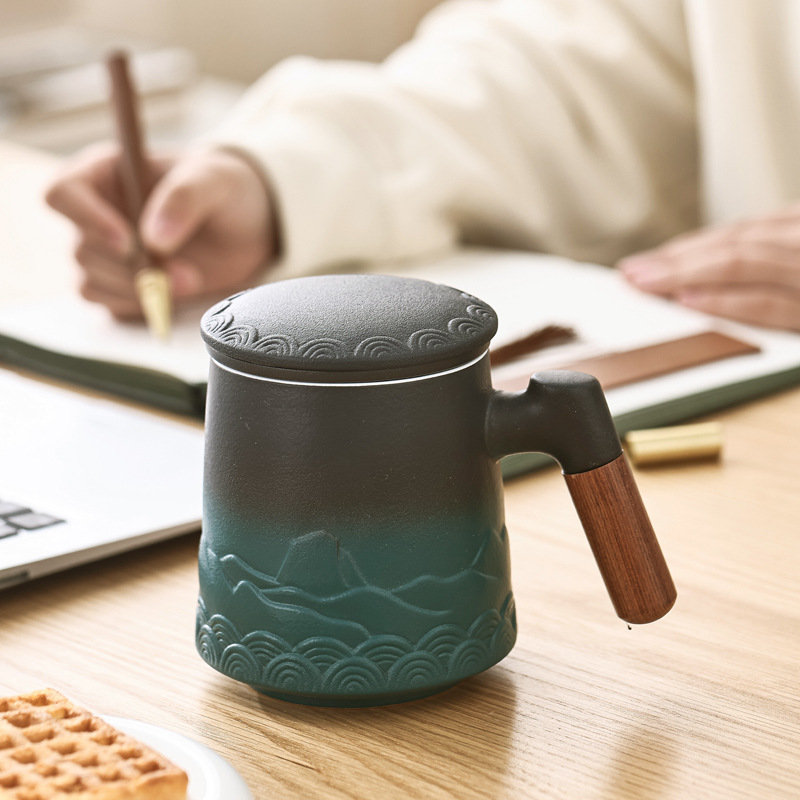 Taza de negocios de 1000 millas de montañas y mares, taza de marca, regalo de mano, taza de cerámica, logotipo tallado de tres piezas