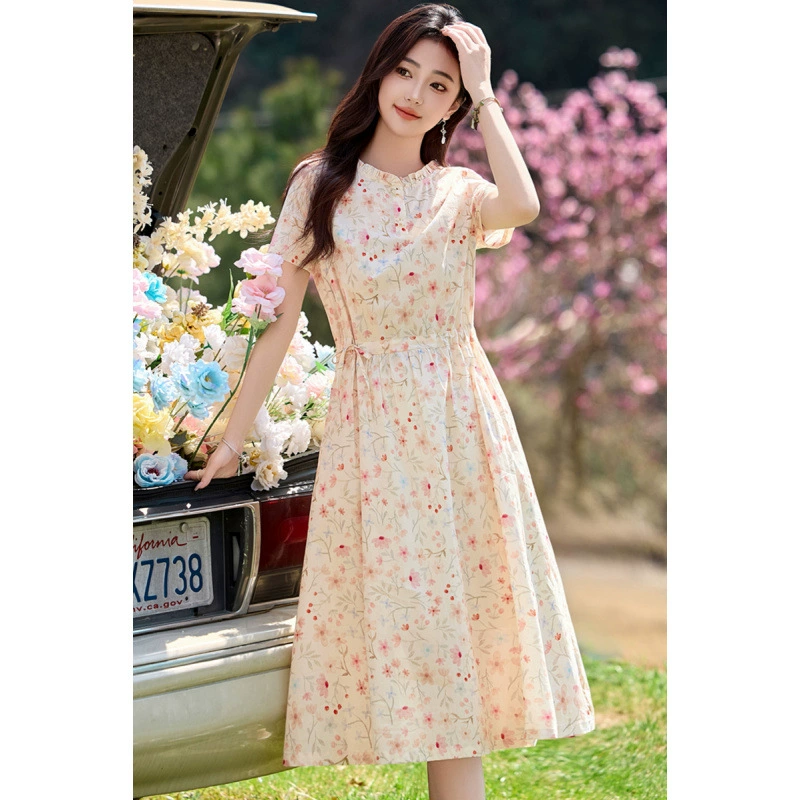 Летнее платье 2025 года, ретро, утягивающее, новый стиль, миниатюрная талия, элегантное, из чистого хлопка, с короткими рукавами, миди-юбка