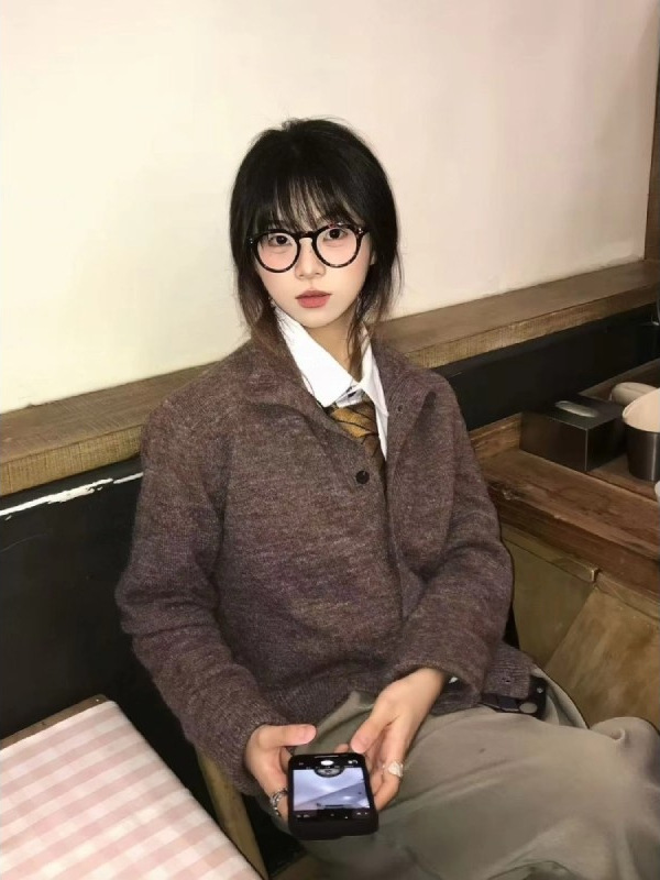 咖啡色老钱风羊毛混纺立领针织衬衫男女款早秋高级感休闲外套毛衣|undefined