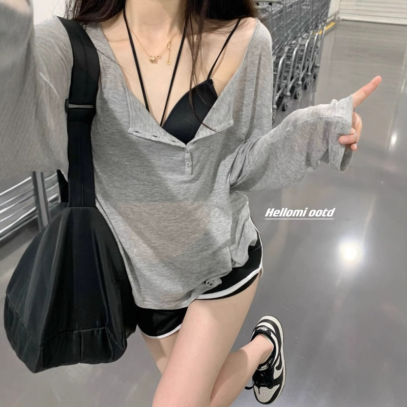 Pure Grey T-shirt Women's Summer Thin Sunscreen V-neck Long-sleeved Blouse Loose Lazy Style Relaxed Chic Top