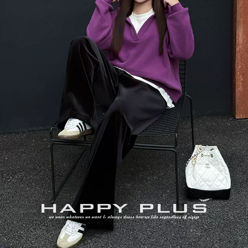 加厚复合黑丝绒高腰阔腿裤润其9416-1大码休闲韩国绒一条温暖过冬