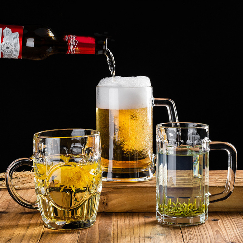 Thickened Heat-Resistant Transparent Glass Handle Household Tea-Breaking Water Cup Beer Cup Handle Large Capacity Draft Beer Cup Order LOGO