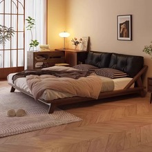 现代复古白蜡木榻榻米双床中古风全实木真皮床小户型主卧婚床