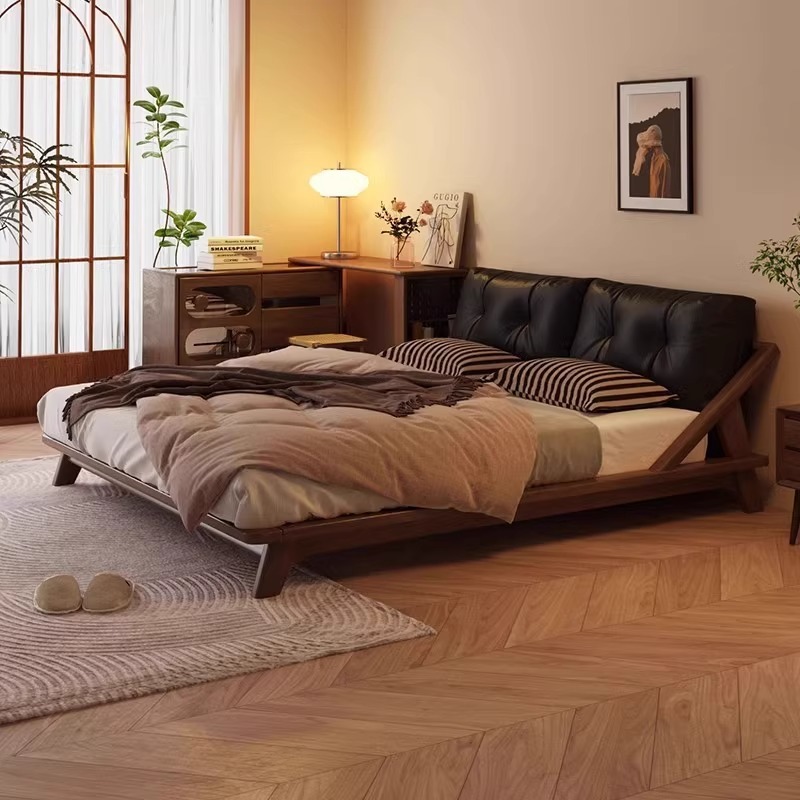 现代复古白蜡木榻榻米双床中古风全实木真皮床小户型主卧婚床
