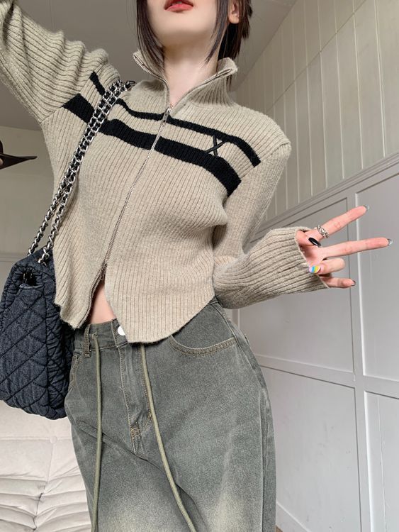 设计感复古撞色双拉链POLO领针织衫女秋冬季休闲显短款瘦毛衣开衫|undefined