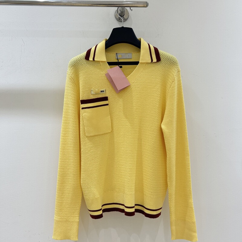 High-end Shenzhen Nanyou wool V-neck knitted long-sleeve shirt with contrasting color design, micro-logo, youthful style, in stock, yellow