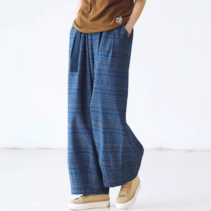 Ethnic Style Jacquard Artistic Stretch Denim Loose Casual Long Pants for Women, New Spring and Autumn Wide-Leg Pants, Versatile and Slimming