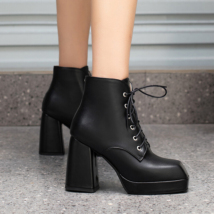 Solid color square head front strap waterproof platform thick heel short leg boots_voghion.com
