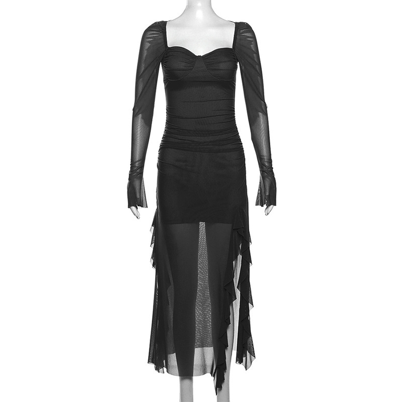 European And American Style 2024 Autumn Winter New Women's Mesh Ruffle Niche Design Long Sleeve Square Neck Dress_ecoleips.com
