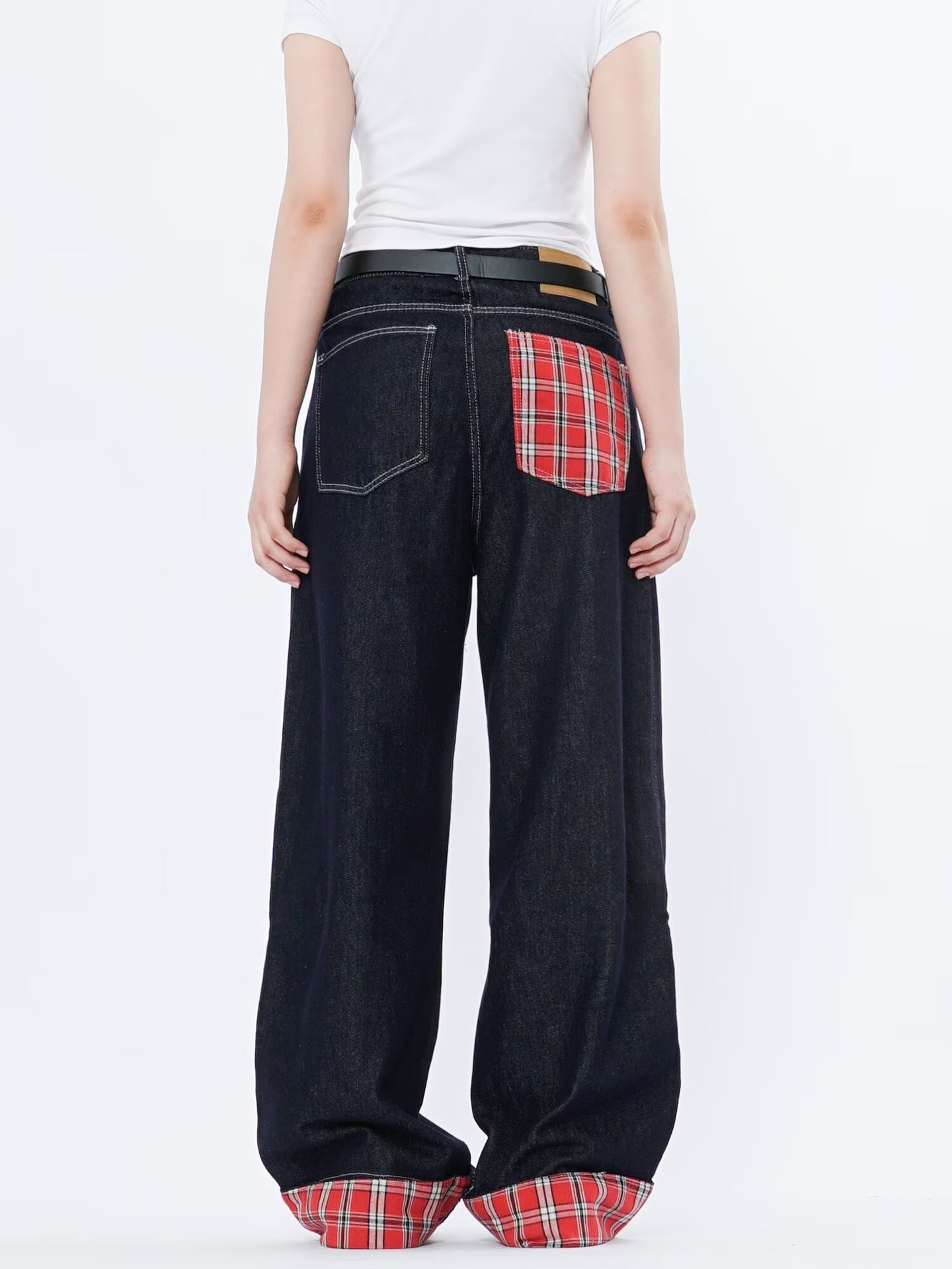 American Style Straight-Leg Rolled Hem Jeans Men Women, Spring And Autumn New Loose Patchwork Plaid Blue Pants For Men,_mkmklike.com