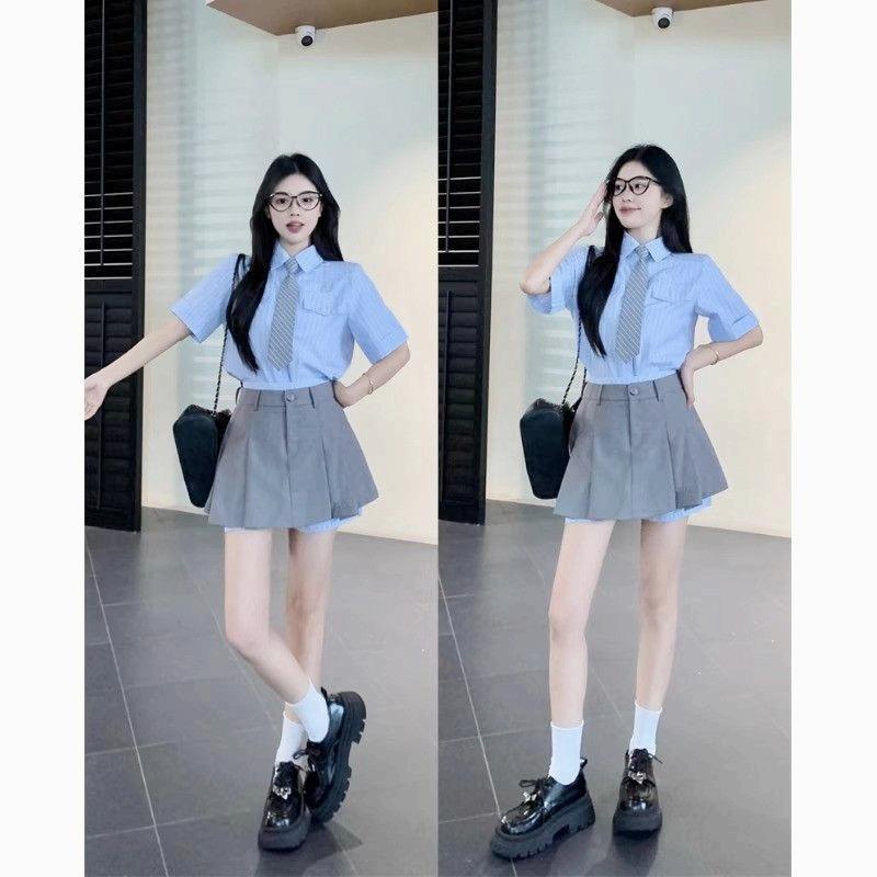 2025 New Summer Preppy Style Stripesd Shirt Skirt Sweet Japanese and Korean Jk Uniform Pleated Skirt Suit