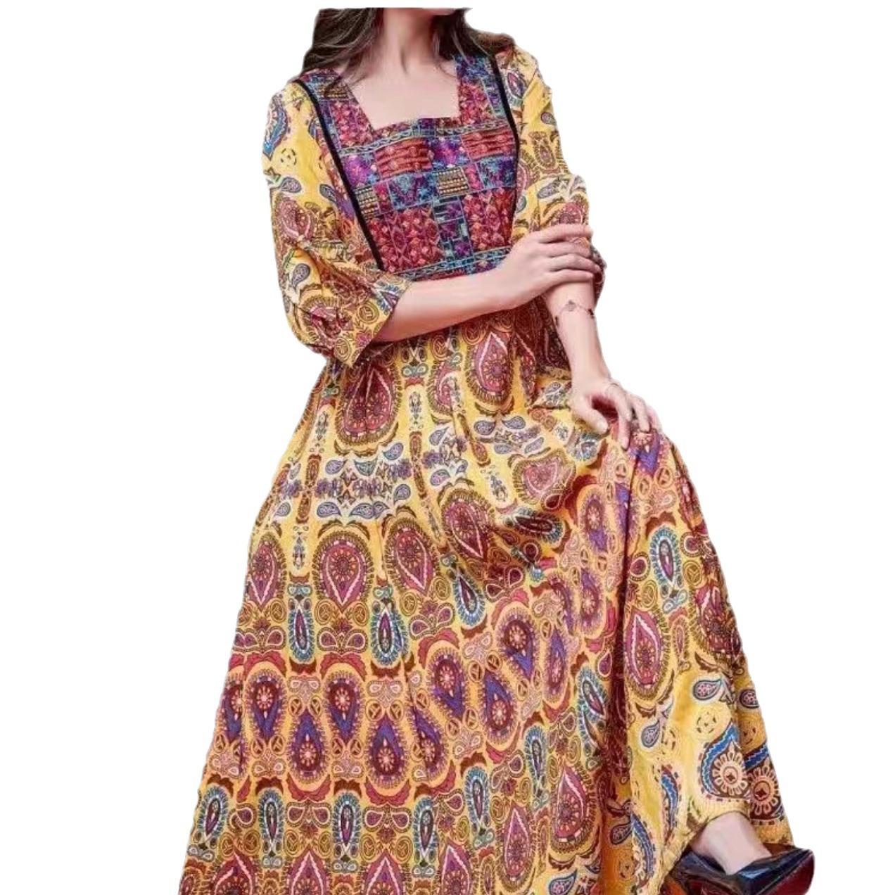 Langes, ausgestelltes, besticktes Kleid im Bohemian-Ethno-Stil für Reisefotografie – Großhandel_voghion.com