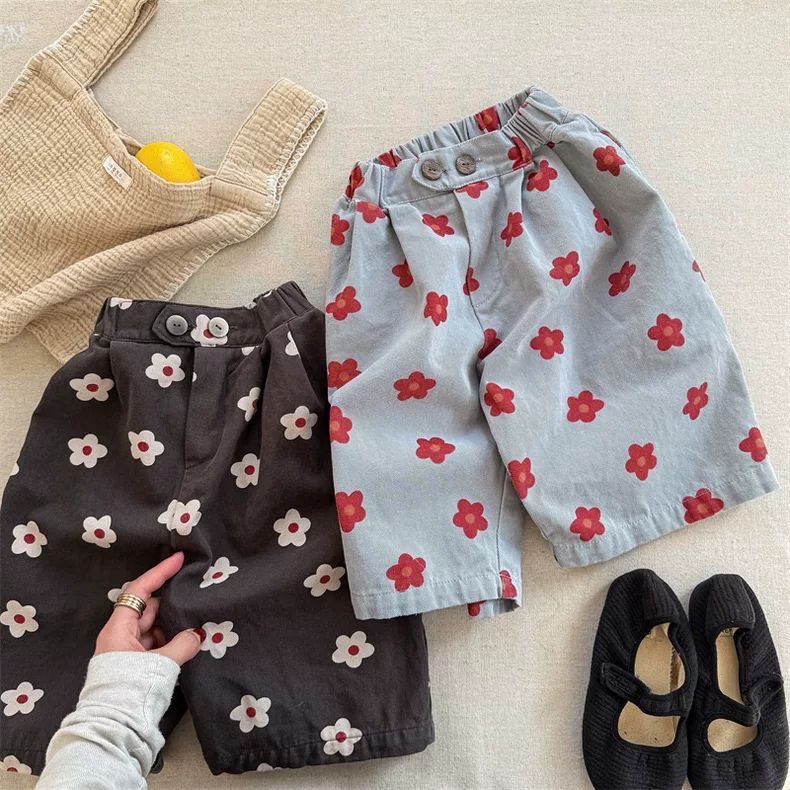 Girls' Summer Korean Style Large Pp Pants, Baby Girl's Summer Trendy Printed Outerwear Nine-Point Pants, Children's Summer Clothing Pants