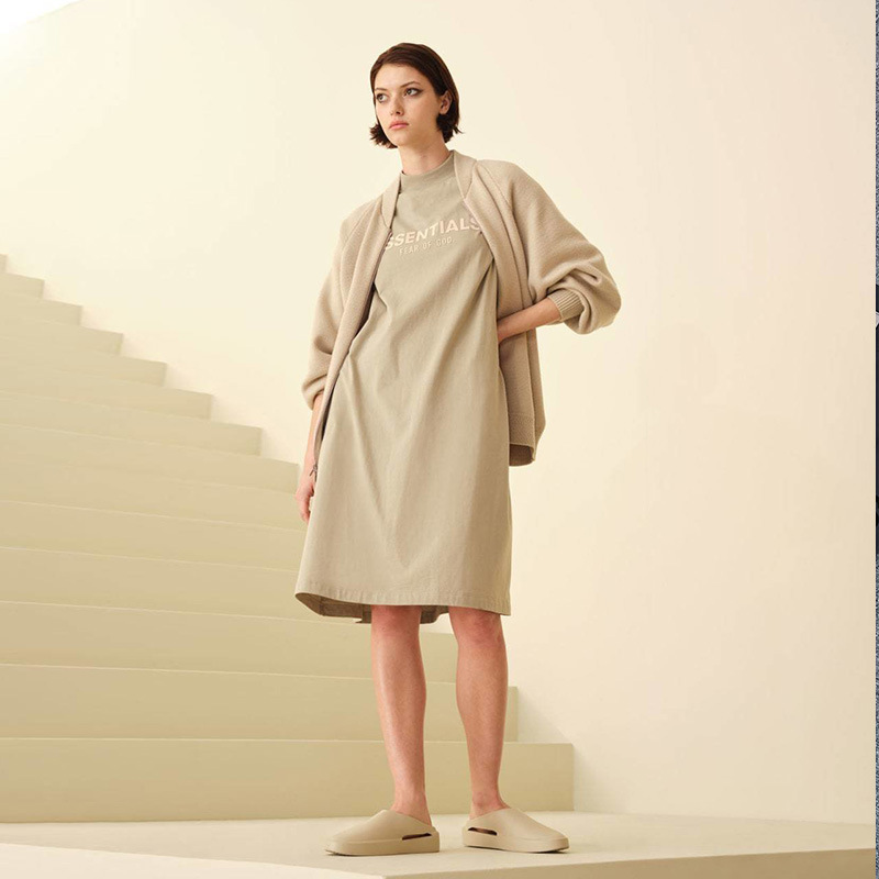 Essentials Summer Long Dress Women's T-Shirt Dress Flocked Trendy Brand Mid-Length Short-Sleeved Fresh A-Line Skirt