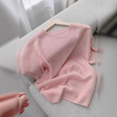 ハイエンドの韓国スタイルのユニークで美しいピンクのアイスシルク半袖Tシャツ、女性用夏の薄手のニットセータートップ