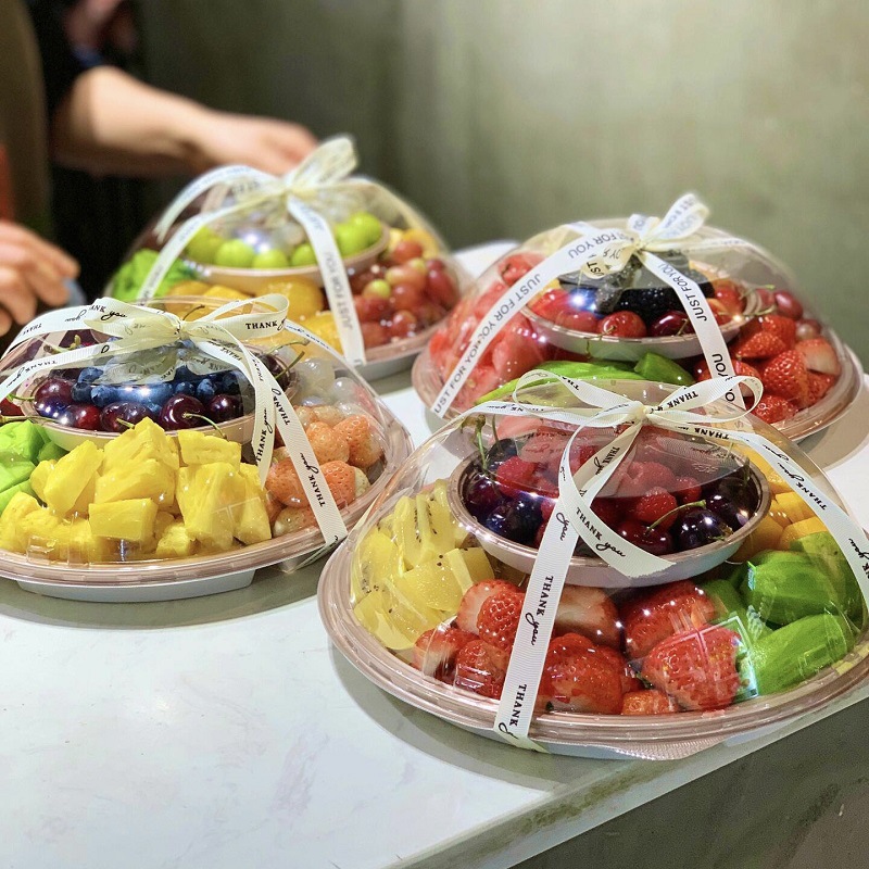 双层六分格水果果切拼盘塑料一次性果蔬包装盒圆形透明草莓鲜果盘