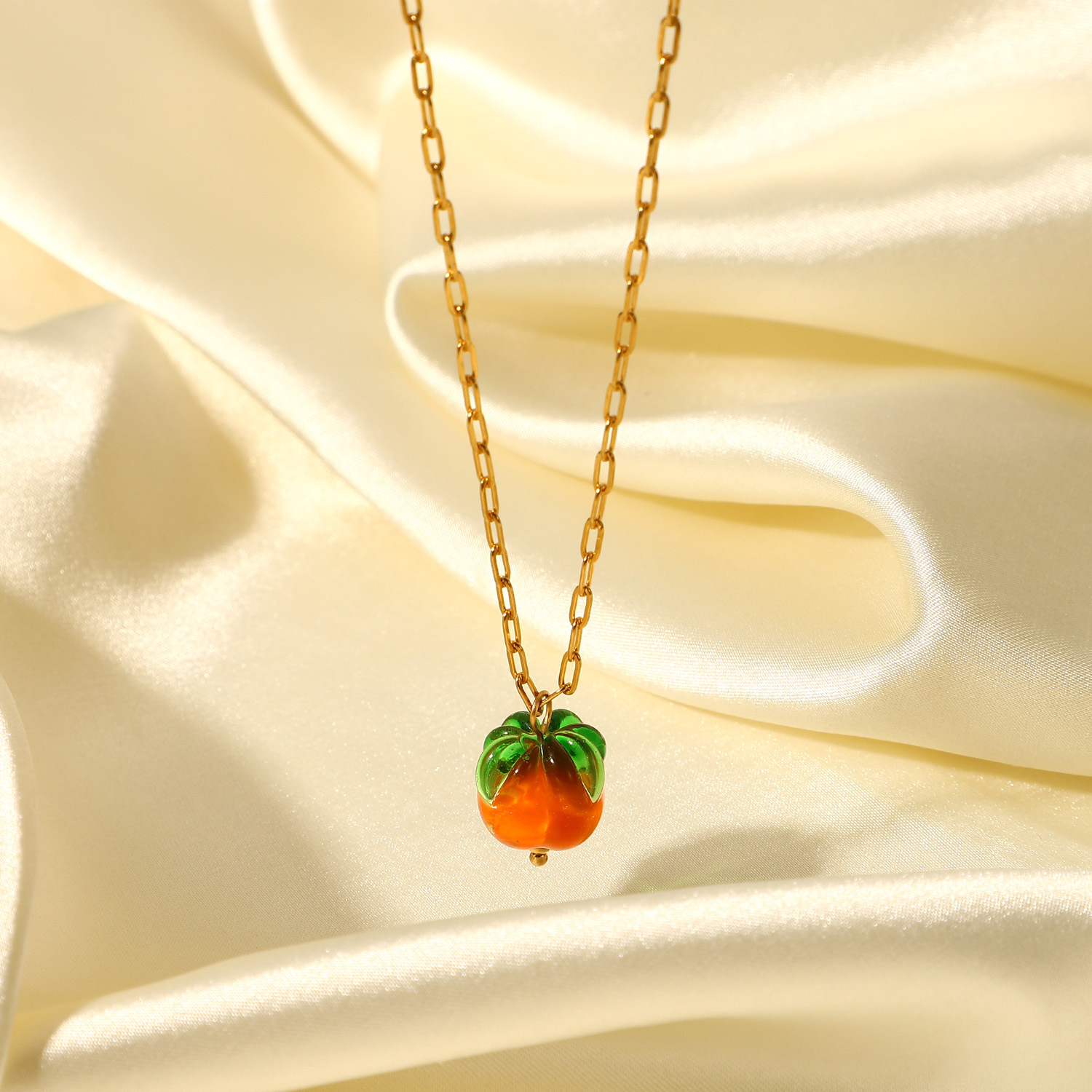 French 18k Gold Stainless Steel Cross Chain Glass Bead Persimmon Pendant Necklace display picture 1
