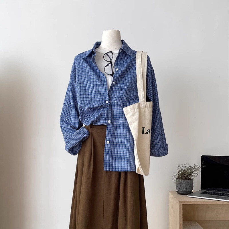 New American Retro Long-Sleeved Blue Plaid Shirt, Lazy, Loose, Slim and Versatile Autumn Shirt Top Jacket