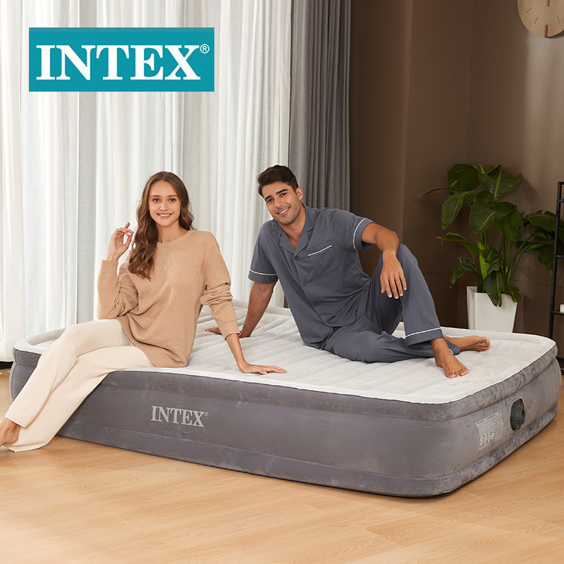 INTEX67770 luxury gray-white double-layer double-person enlarged wire pull air bed with built-in electric pump flocking inflatable bed