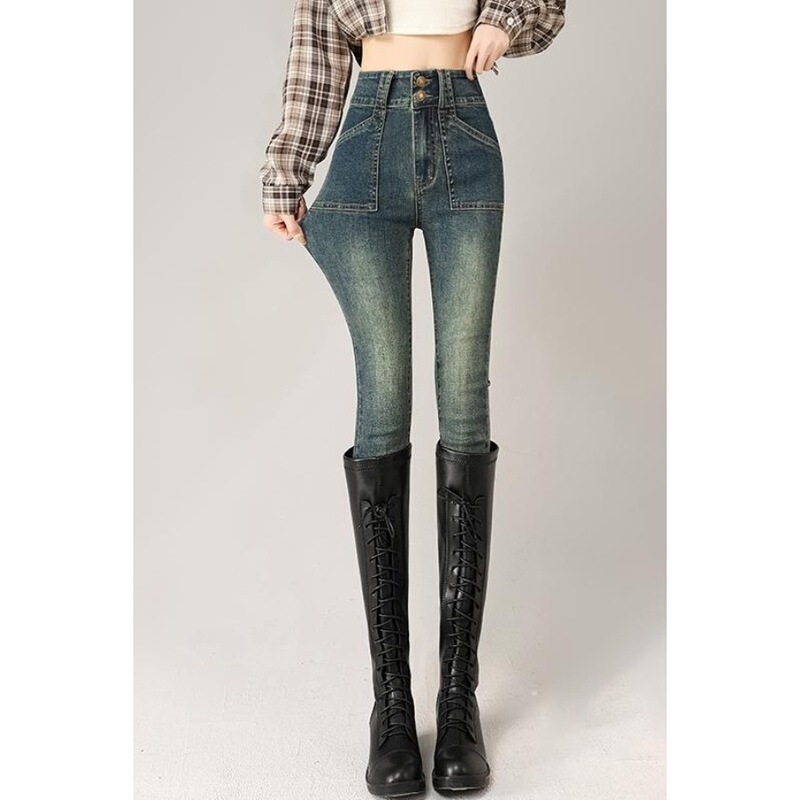 Women's Jeans New Year's New Velvet Leggings Double-Button High-Waisted Tight-Fitting Boots Long Pants