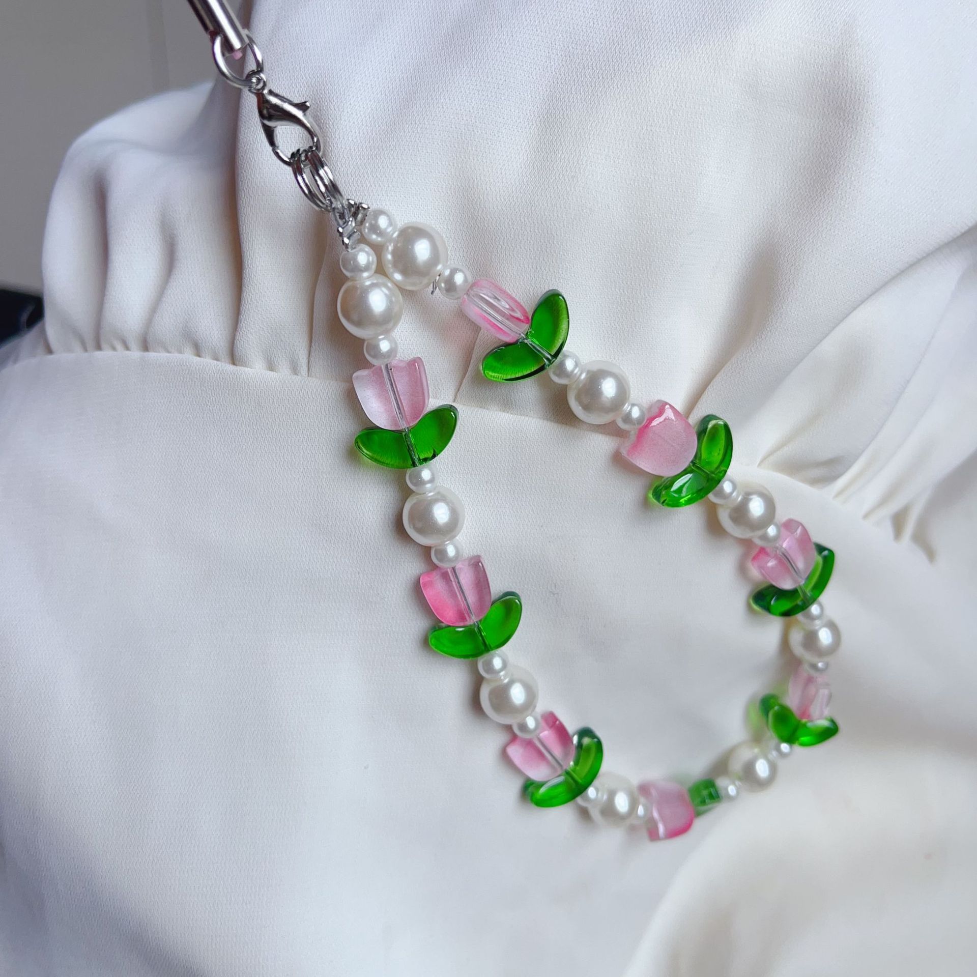 Mori Style Sweet Tulip Beaded Mobile Phone Chain Original Fresh Bag Lanyard Girl Camera Phone Case Pendant