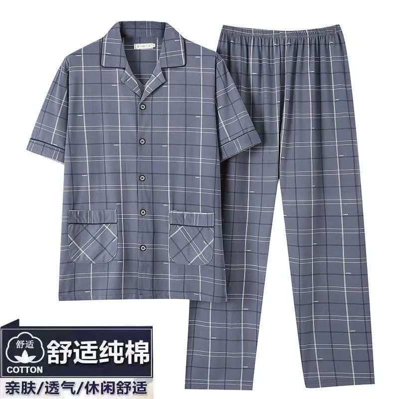 Pijamas de los hombres 100% algodón primavera y verano papá adolescentes manga corta delgada homewear traje