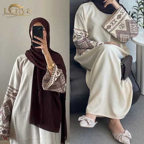 2024 TikTok E-commerce Fashion Floral Print Long Robe Abaya LR901 Grey