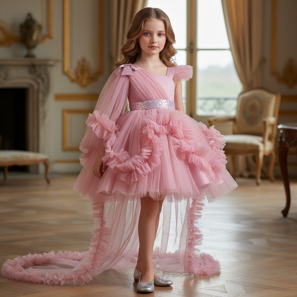 Amazon's best-selling girls' trailing skirt, irregular mesh princess dress, bow dress, children's birthday dress