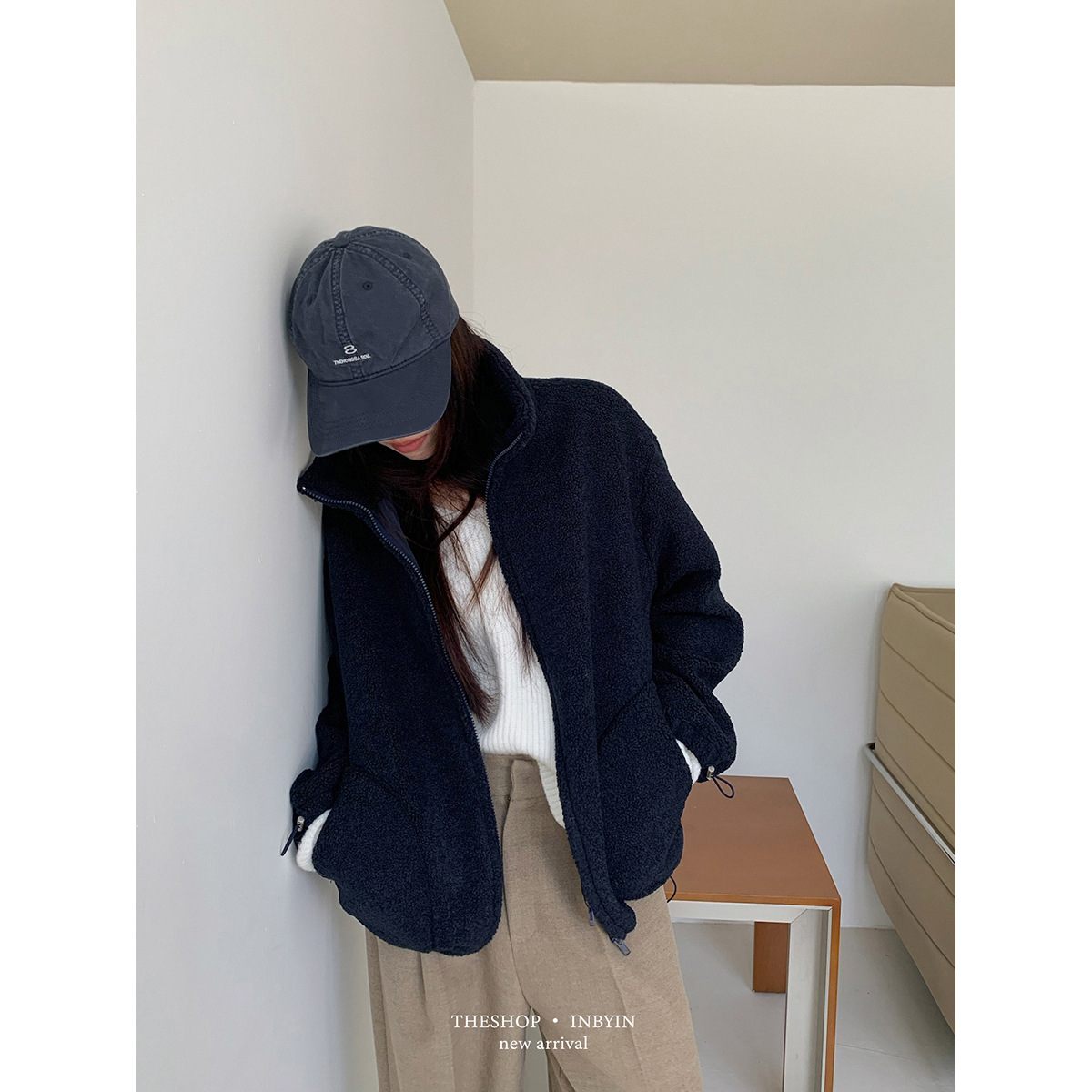 易恩欧inbyin韩系宽松立领羊羔绒外套女冬季休闲抽绳拉链开衫卫衣