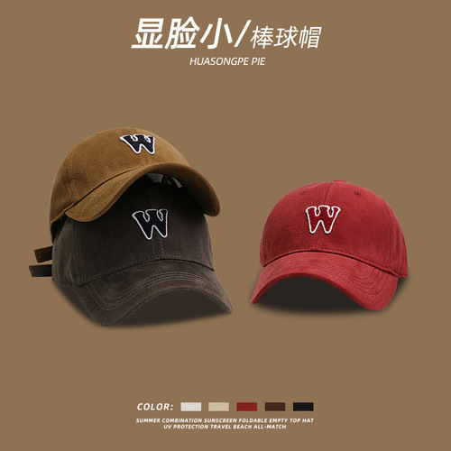  Fashion Korean Style Baseball Cap for Women Personality Letter W Couple Student Trend Brand Cotton Face-Smaller Flat Cap for Men