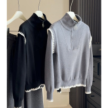 设计感灰色高领半拉链毛衣女2025秋冬宽松显瘦打底针织衫内搭上衣