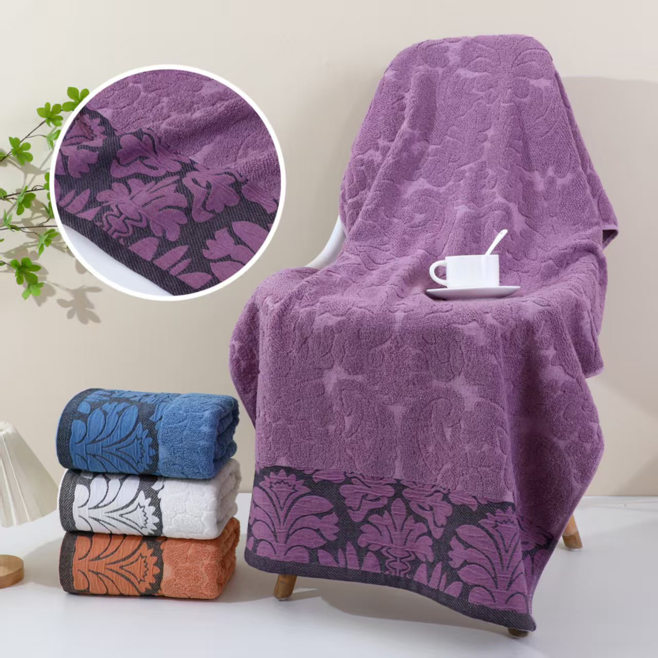 Fábrica de exportación directa exportación transfronteriza al por mayor toallas de baño de algodón Jacquard gran flores personalizados