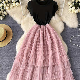 跨境潮流网纱拼接连衣裙仙气长裙设计感春夏假两件女多层甜美裙子