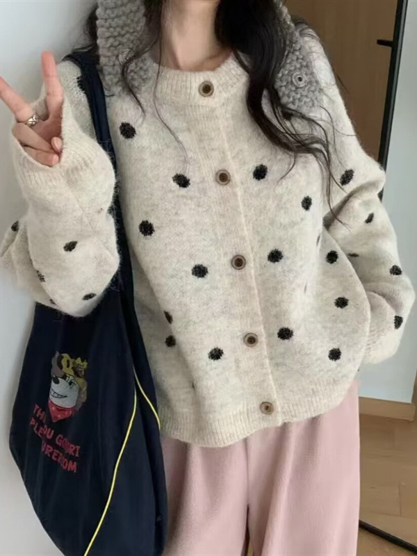 韩版圆领波点针织开衫女2025秋冬新款宽松慵懒风百搭软糯毛衣外套|undefined