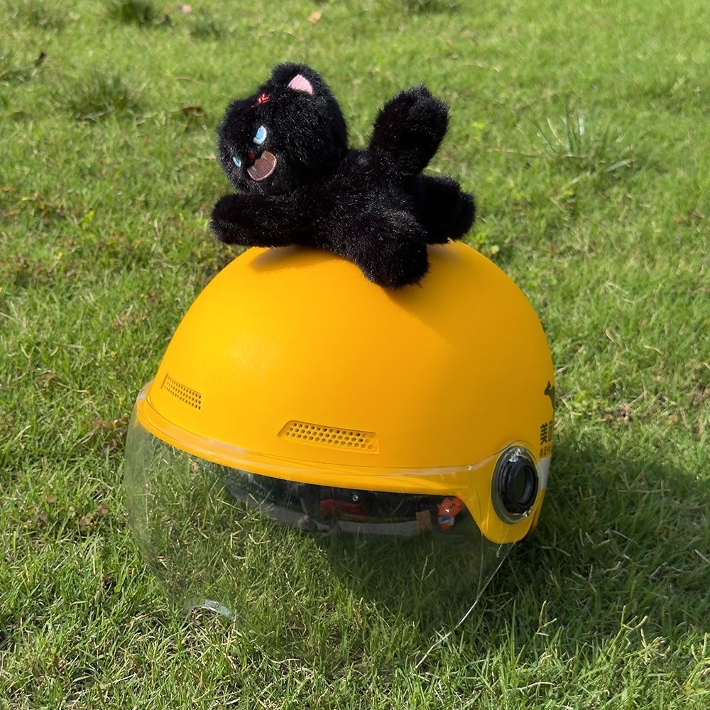 Motorcycle helmet decoration with cat ears, bow, and streamers; Meituan rider helmet accessory; fluffy little cat toy