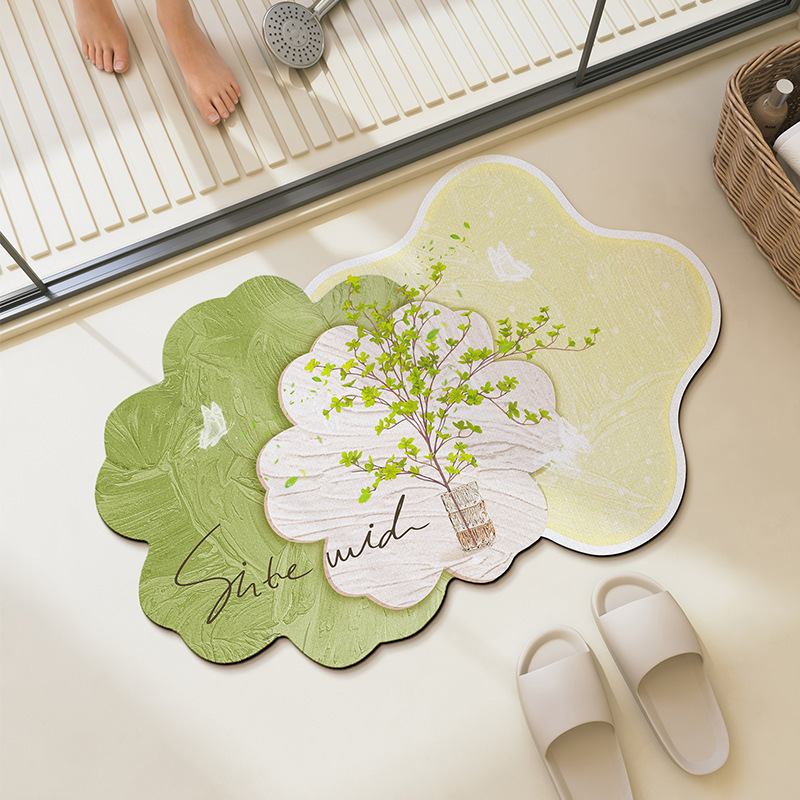 Fresh Floral Bathroom Floor Mat, Diatomaceous Earth Absorbent Mat, High-End Bathroom Entrance Mat, Non-Slip Toilet Foot Mat