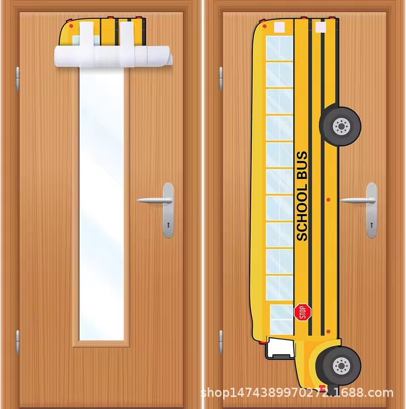 Cross-Border Classroom Door and Window Blackout Curtains, Glass Door Blackout Curtains, School Bus Shape Design, Vivid and Unique Door Curtains