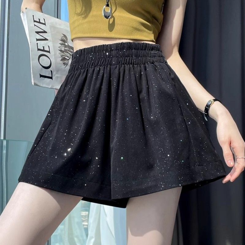 Black Sequined Ice Silk Wide-Leg Pants for Women, Summer High-Waisted Slimming Wide-Leg Pants, Loose Casual A-Line Shorts for Petite Figures
