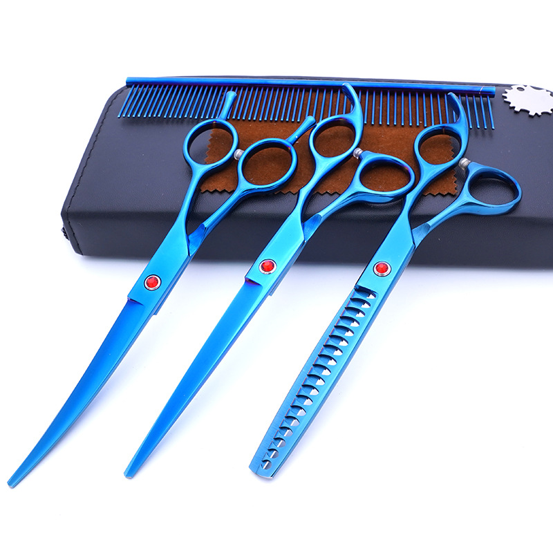 Directo de fábrica de acero inoxidable de 7 pulgadas para mascotas tijeras de belleza profesional de corte de pelo de perro tijeras curvas Teddy adelgazamiento tijeras traje