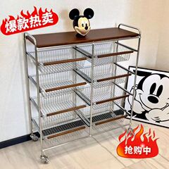 中古カート物置棚客間移動輪引きかご付き間食収納棚家庭用レトロ台所物置棚